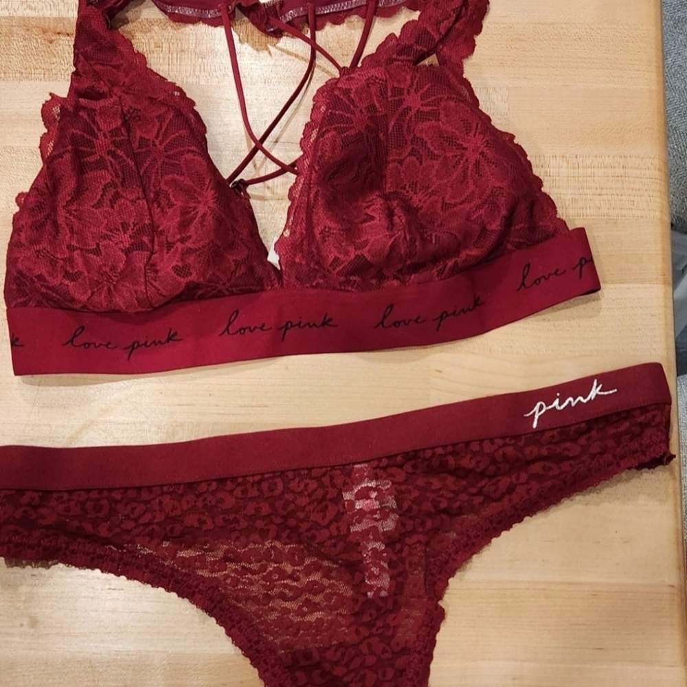 PINK Victoria's Secret Burgundy Lace Bra and Thong Set Sz L